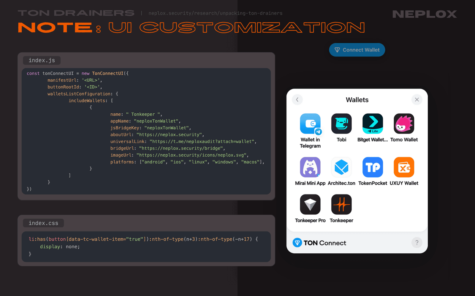 Note on TON Connect modal UI customization: developers may also alter the modal in a lot of other ways, e.g. remove legitimate wallets
