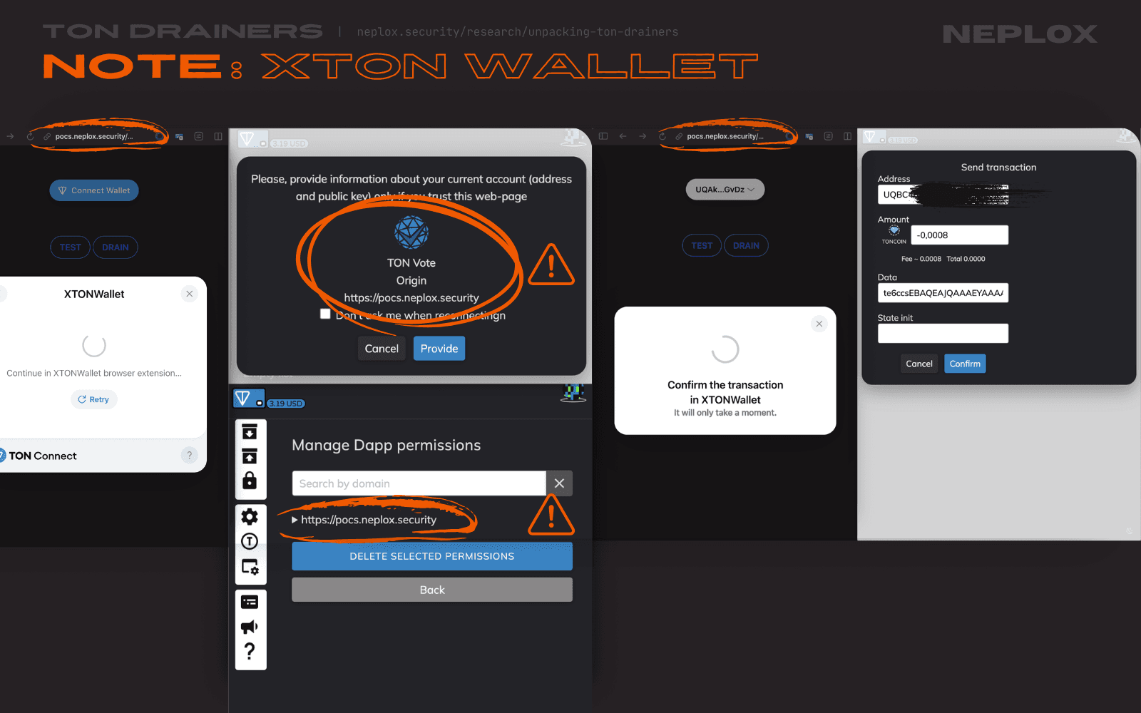 How XTON Wallet handles DApp impersonation risks. Note that it displays the actual origin of the service
